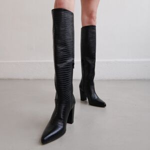 Jonak Bottes hautes à talons et bouts pointus en cuir reptile noir Jonak 36,37,38,39,40,41 femme