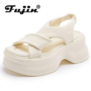 Fujin 8CM 2023 microfibre sandales synthétiques femmes chaussures confortables mode femmes été plate-forme coin élastique Peep orteil talons épais - Publicité