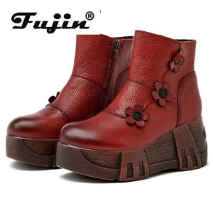 Fujin 7 cm fleur ZIP femmes printemps automne bottines bottes chaussures nouvelle vache naturelle en cuir véritable plate-forme Wedge Chunky Sneaker - Publicité
