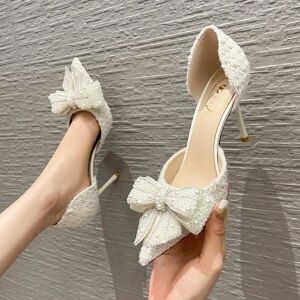 OS Luxe perle cristal noeud papillon blanc chaussures de mariage femmes printemps marque concepteur talons hauts pompes femme chaussures de fête à talons fins - Publicité