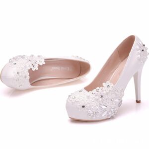 Smart Mouse Chaussures de mariage en cristal brillant en dentelle florale blanche à talons hauts de mariée - Publicité
