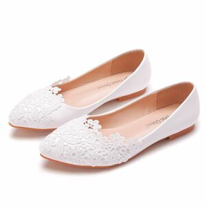 Chaussures plates blanches pour femmes, chaussures de mariage élégantes en dentelle à bout pointu, chaussures de princesse pour dames - Publicité
