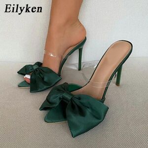 Eilyken été soie papillon-noeud Mule talons hauts pantoufles sandales tongs bout pointu à bretelles diapositives fête femmes pantoufles chaussures - Publicité