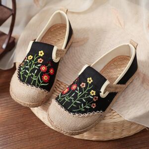 Johnature chaussures plates femmes broder coton lin rétro Floral bout rond à la main dames chaussures - Publicité
