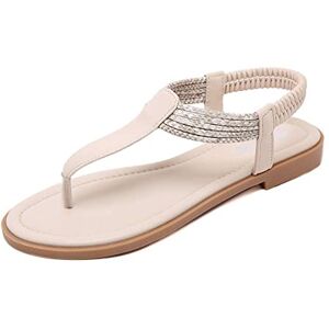 ZOEREA Femmes Eté Sandales Plates Casual T-Strap Strass Bohême Tongs Elegant Confort Plat Chaussures de Plage Vacances (Étiquette 39=38 EU, Beige#1) - Publicité