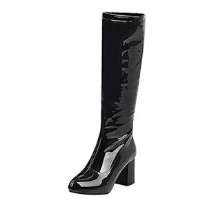 Birdsight Boots Longue Mi-Mollet Botte Genou Femme Vernis Talon Bloc Carrés Haut Zip Chaussures Eclair Chaud Winter Bootie Chunky Heels(Noir，34 - Publicité