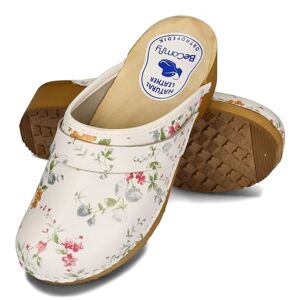 BeComfy Sabots en Cuir pour Femme Mules à Talons en Bois Étoiles Fleurs Colorées Bleu Blanc 35-41 EU (Blanc et Fleurs, 39 EU) - Publicité