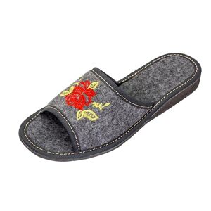 APREGGIO Chaussons Feutre Femme Semelle Plate Pantoufles à Bout Ouvert Pantoufle Hiver Fait Main Produit 100% Naturel Gris avec Rose Rouge Pointure 41 EU - Publicité