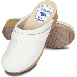 BeComfy Sabots en Cuir pour Femme Mules à Talons en Bois Étoiles Fleurs Colorées Bleu Blanc 35-41 EU (Blanc, 41 EU) - Publicité