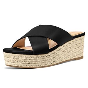 PIZZ ANNU Sandales Femme Été Espadrille Compensées Mules Talon Plateforme Chaussures de Bout Ouvert Bande Croisée Claquette Plage Vacances Noir 37.5 EU Étroit - Publicité