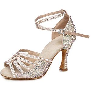 JUODVMP Chaussures De Danse Latine Salsa pour Femmes Strass 7.5cm Talon Haut Salle De Bal Tango Mariage Performance Chaussures De Danse,Modèle L430,Beige,37.5EU - Publicité