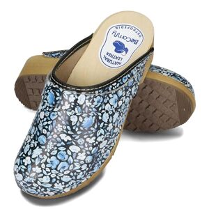 BeComfy Sabots en Cuir pour Femme Mules à Talons en Bois Étoiles Fleurs Colorées Bleu Blanc 35-41 EU (Noir Bleu, 39 EU) - Publicité