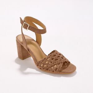 Sandales a brides en cuir tresse a talon - Blancheporte Marron 37