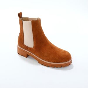 Boots chelsea croute de cuir, semelle crantee epaisse - BlancheporteReconnaissable par sa ligne elegante et son elastique contraste, la boots chelsea est une essentielle a avoir dans sa garde-robe. Elle se renouvelle ici avec une semelle epaisse & crantee