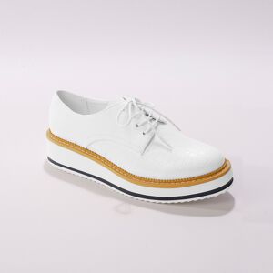 Derbies compensés effet tissé - BlancheporteMontée sur une semelle compensée soulignée d'une ligne contrastée, cette paire de chaussures à lacet remet au goût du jour l'indémodable esprit sport chic. L'effet tissage sur le dessus la rend d'autant plus int - Publicité