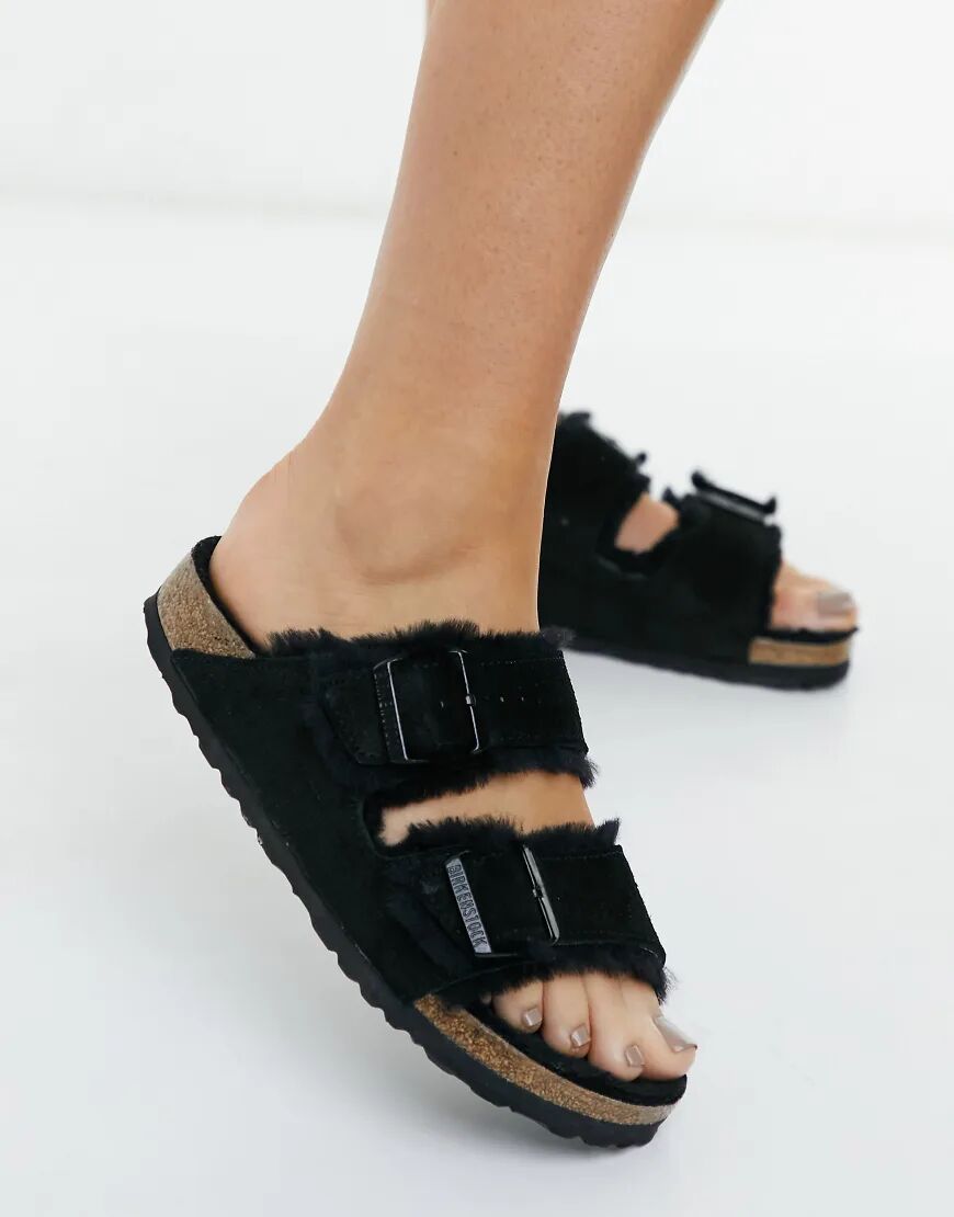 Birkenstock Arizona flat sandals in black with fur lining  Black