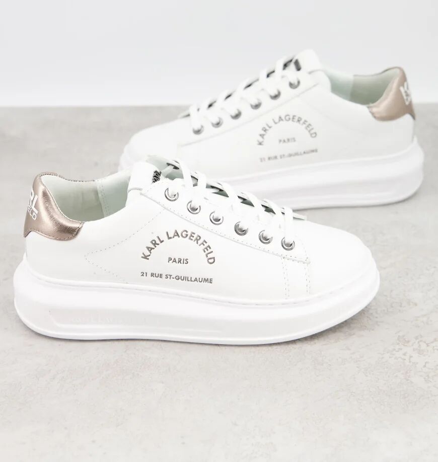 Karl Lagerfeld Maison leather platform sole trainers in white with silver black tab  White