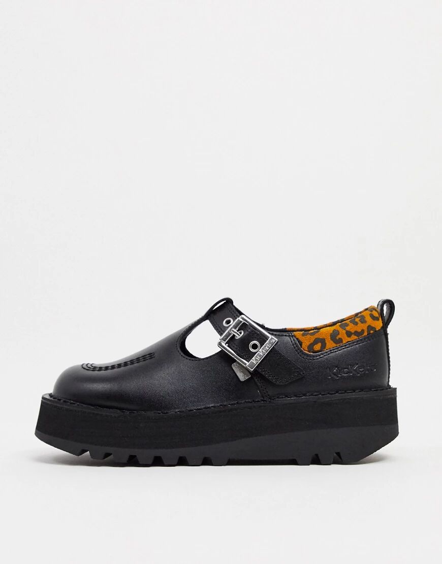 Kickers Kick Stack t-bar shoes in black with leopard trim-Multi  Multi