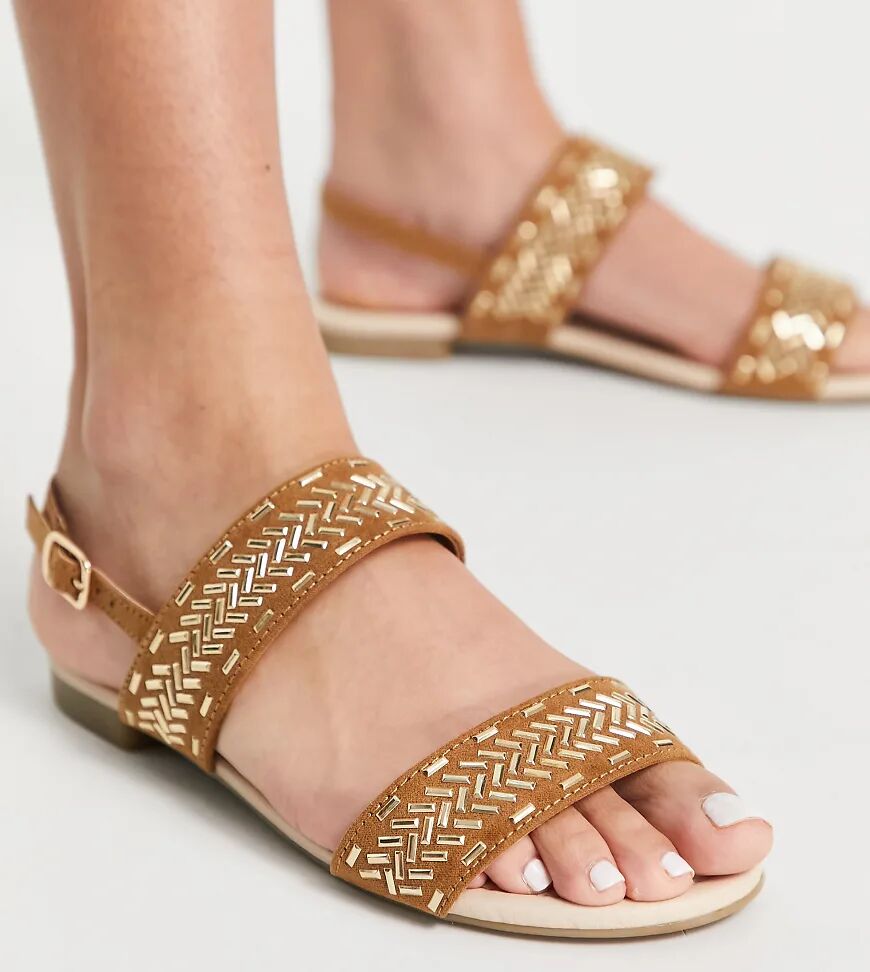 Miss KG detroit wide fit gold detail flat sandals in tan-Brown  Brown