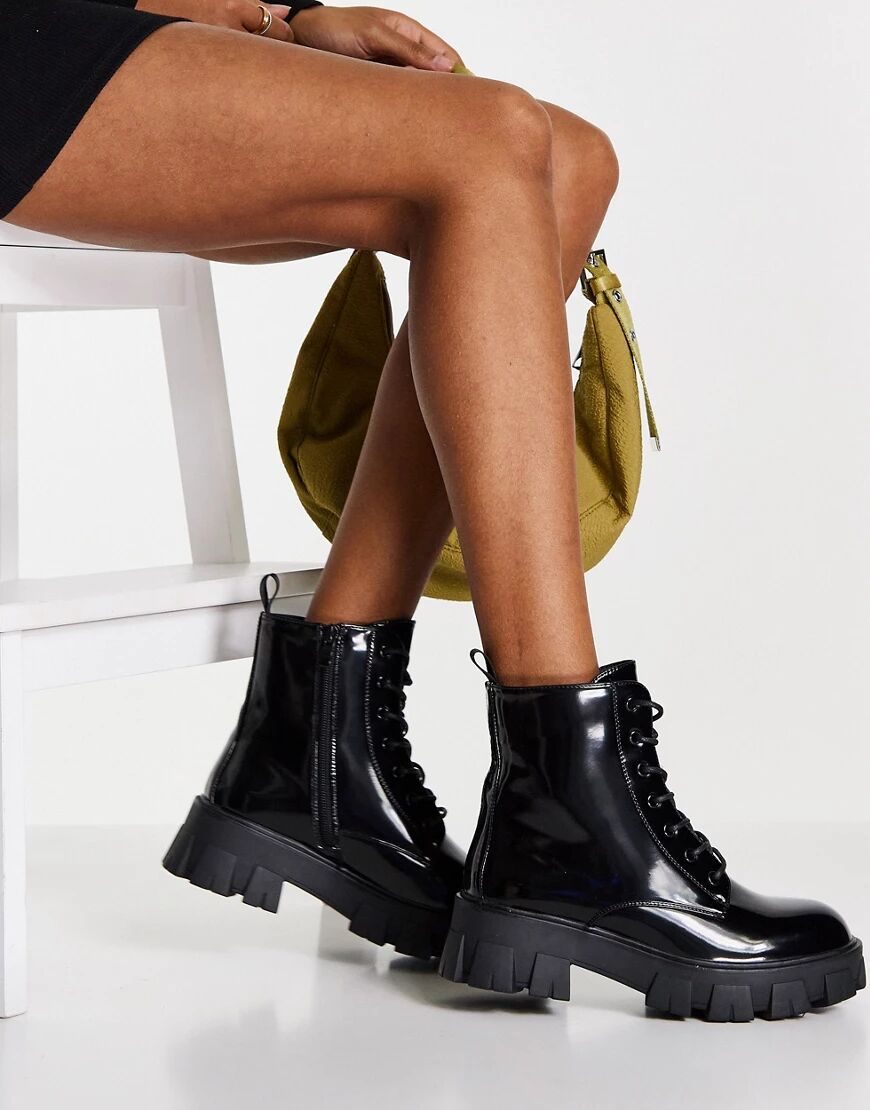 Missguided lace up boot with chunky sole in black  Black