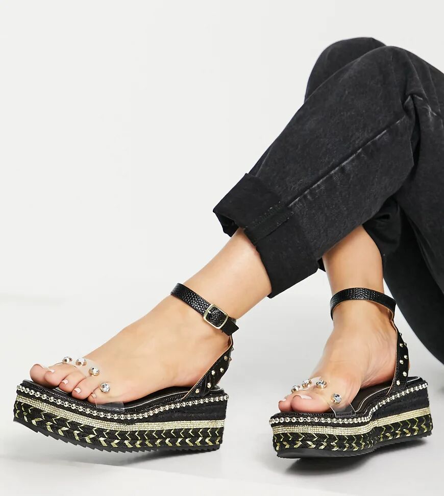 River Island Wide Fit embellished flatform espadrille sandals in black  Black