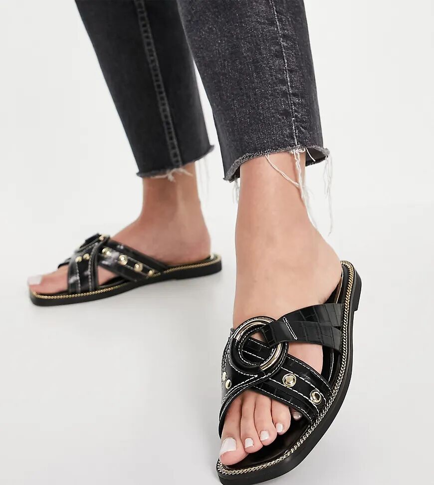 River Island Wide Fit hardware crossover sandals in black  Black