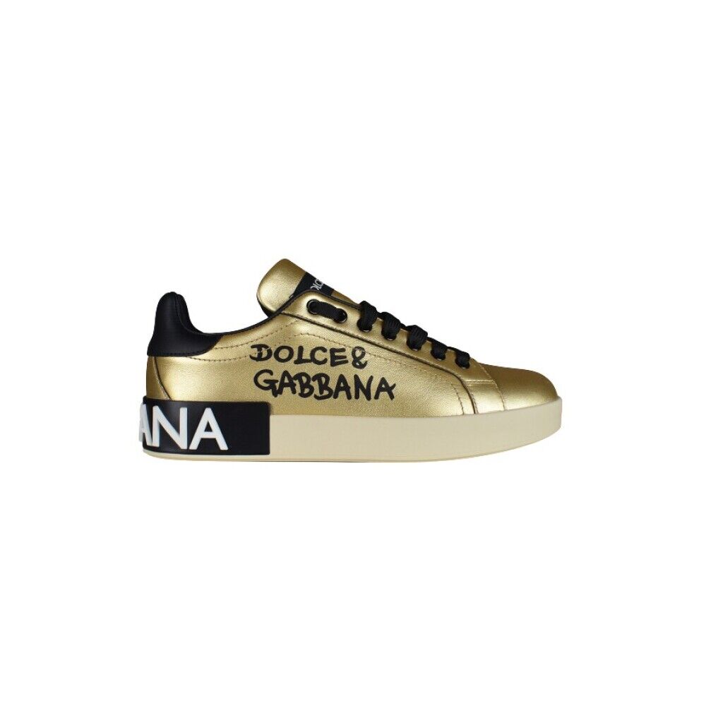 Dolce & Gabbana Foiled Calfskin Portofino Sneakers With Lettering Gul Female
