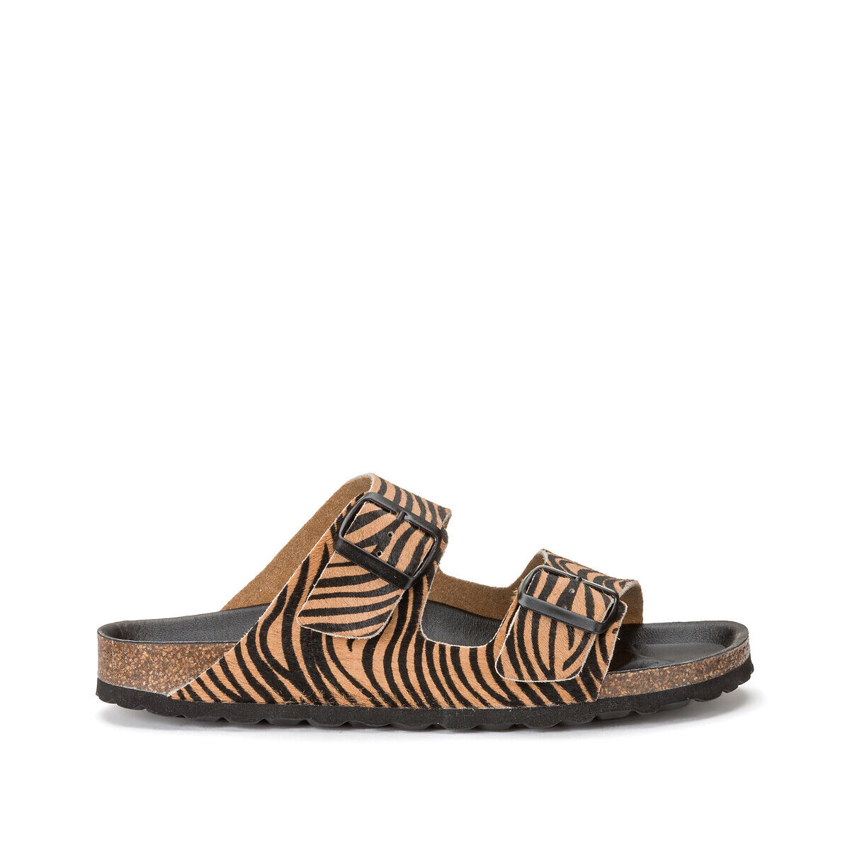 La Redoute Collections Plus Chinelos em pele, estampado zebra, especial pés largos, do 38 ao 45   Estampado fundo camel