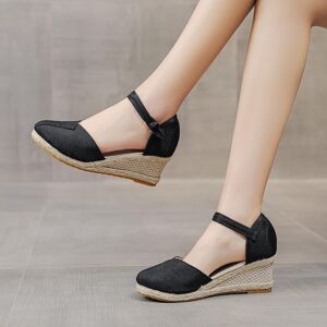 91440607MAC4DCME0U Patchwork Women Linen Wedge Espadrilles Sandals 6cm High Heel Summer Elegant Lady Close Toe Shoes Black Red White Beige