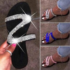 One Faith Women Summer Casual Solid Color Crystal Roman Flat Beach Slippers Sandals Plus Size