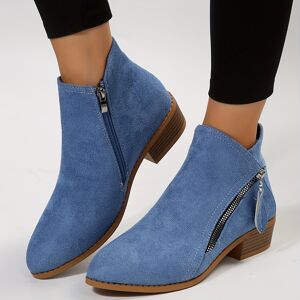 Temu Women's Stacked Heel Ankle Boots, Side Zipper Pointed Toe Solid Color Short Boots, Comfortable Block Heels Blue 6