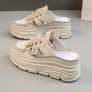 Temu Women's Breathable Platform Mule Sneakers, Casual Cutout Design Lace Up Shoes, Comfortable Summer Shoes White 9.5