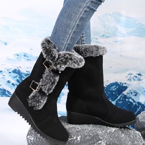 Temu Women's Wedge Heeled Boots, Fashion Buckle Strap Detailed Fur Lined Boots, Comfortable Snow Boots Black 8