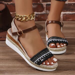 Temu Women's Wedge Heeled Sandals, Casual Open Toe Platform Shoes, Comfortable Buckle Strap Sandals Black 7