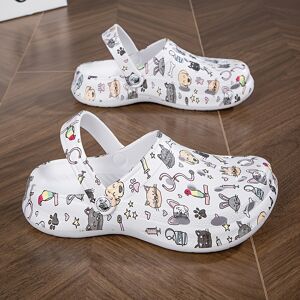 Temu Women's Cute Cartoon Animal Print Clogs, Casual Hollow Out Design Garden Shoes, Comfortable Slip On Beach Shoes Cat And Dog White 8.5-9