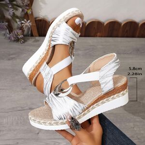 Temu Women's Stylish Platform Sandals, Ankle Strap Slip On Walking Comfort Shoes, Casual Wedge Metalic Buckle Shoes Ivory White 8.5