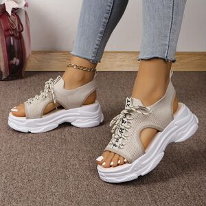 Temu Women's Breathable Knit Platform Sandals, Casual Open Toe Summer Shoes, Comfortable Lace Up Sport Sandals Black 5.5
