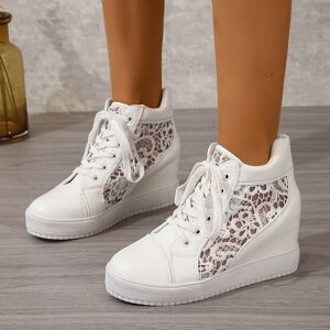 Temu Women's Wedge Shoes For Height Increase And Casual Wear, Women's Cut-out Lace Sneakers With Floral Embellishments. White 8