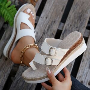 Temu Women's Wedge Heeled Sandals, Casual Loop Toe Platform Shoes, Comfortable Buckle Strap Design Sandals White 8