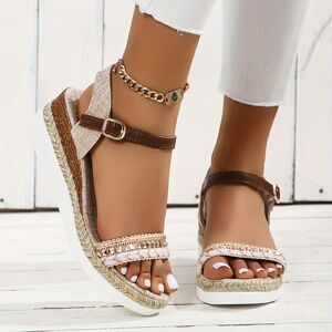 Temu Women's Rivets Decor Wedge Heeled Sandals, Casual Open Toe Summer Shoes, Comfortable Buckle Strap Sandals Beige 5.5