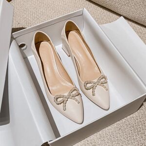 SHEIN Faux Pearl & Bow Decor Point Toe Chunky Heeled Court Pumps Beige CN35,CN36,CN37,CN38,CN39,CN40,CN41,CN42 Women