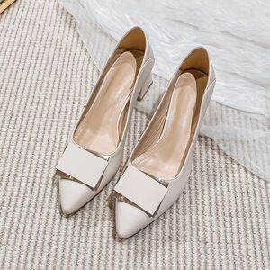 SHEIN Women Beige Metal Decor Pumps, Point Toe Chunky Heeled Court Pumps Apricot CN35,CN36,CN37,CN38,CN39,CN40,CN41,CN42 Women