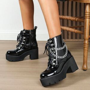 SHEIN Black Round Toe Chunky High Heel Waterproof Platform Thick Sole Ladies' Boots With Metal Chain Decor, Outdoor Activities/party, Spring/fall/winter Black EUR35,EUR36,EUR37,EUR38,EUR39,EUR40,EUR41,EUR42 Women