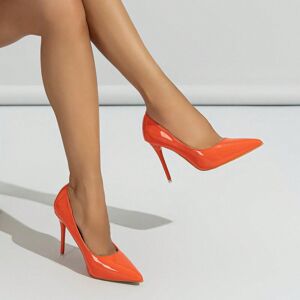 SHEIN Pointed Toe Shallow Mouth Glossy Patent Leather Pumps With Thin High Heel For Summer/fall Orange CN35,CN36,CN37,CN38,CN39,CN40,CN41,CN42 Women