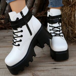 SHEIN European And American Fashion Buckle Ankle Boots For Women, Chunky Heel Height Increasing, Warm Waterproof Platform Short Boots With Side Zipper, New Release 2023 Black and White CN36,CN37,CN38,CN39,CN40,CN41,CN42,CN43 Women