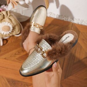 SHEIN Autumn Flat Heel Slippers With Fur Trim, Half Slides With Metal Buckle Gold EUR35,EUR36,EUR37,EUR38,EUR39,EUR40,EUR41,EUR42,EUR43 Women