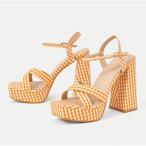 SHEIN Women's Fashion Square Toe High Heel Checkered Fabric Sandals Orange CN36,CN37,CN38,CN39,CN40,CN41 Women