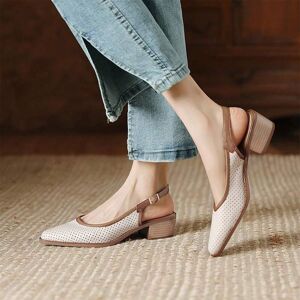 SHEIN New Women's French Style Chunky Heel Slingback Pump Shoes, Vintage Hollow Out Pointed Toe Leather Shoes, Low-Cut High Heels Beige CN35,CN36,CN37,CN38,CN39,CN40,CN41 Women