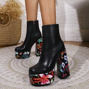 SHEIN Women's Spring & Autumn New Color-Block Flower Decor 12cm High Heel Platform Ankle Boots & Short Boots Black CN36,CN37,CN38,CN39,CN40,CN41,CN42 Women