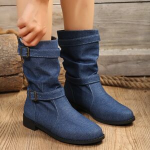 SHEIN Women's Fashionable Belt Buckle Blue Pu Leather Cowboy Boots Blue CN36,CN37,CN38,CN39,CN40,CN41,CN42,CN43 Women